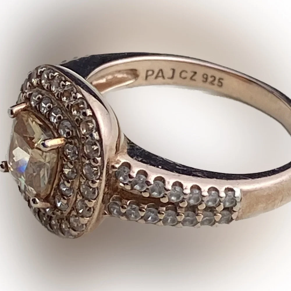 14K Rose Gold Plated Sterling Cushion Cut Champaign Cubic Zirconia Double Halo
